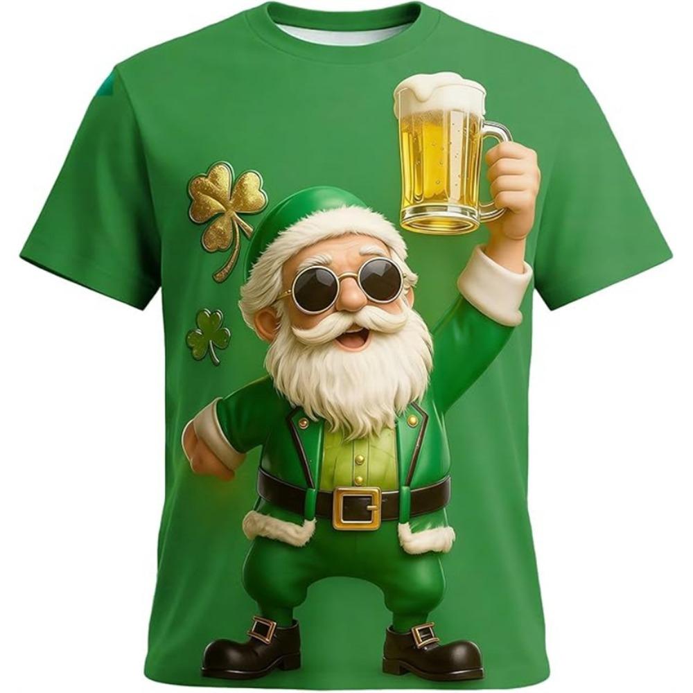 Men's Fashion Short-Sleeve Crew Neck Top 3D Printed Lucky Four-Leaf Clover Green T-Shirt