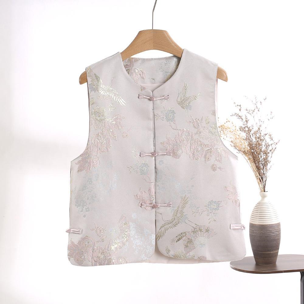 

Retro temperament vest women s spring and summer new round neck disc button jacquard versatile vest top M ([Recommended below 50kg]) абрикосовий