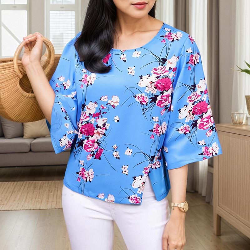 

ZANZEA Женская повседневная блузка с круглым вырезом, рукавами 3/4, разрезом по низу и цветочным принтом 4XL синий