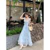New waist A word thin and sweet long skirt girl three-dimensional flower flying sleeve dress women's summer leisure