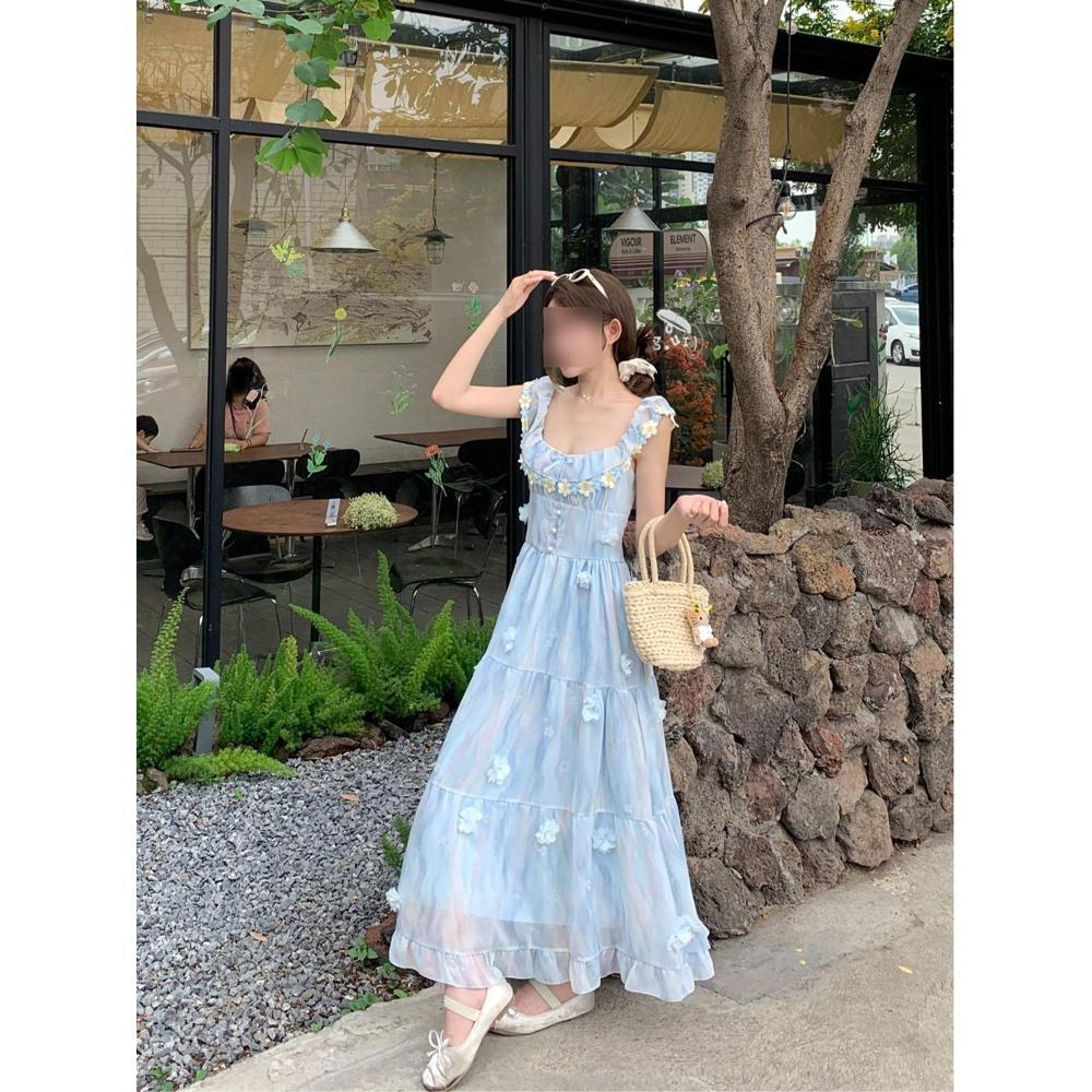 New waist A word thin and sweet long skirt girl three-dimensional flower flying sleeve dress women's summer leisure