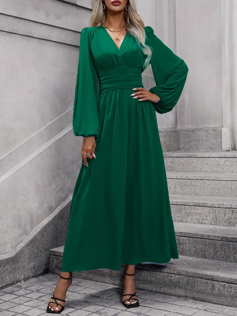 Women Dress Autumn Winter Women's Lantern Sleeve Dress Smocked Design High Slit Elegant Long Sleeve Midi Dress