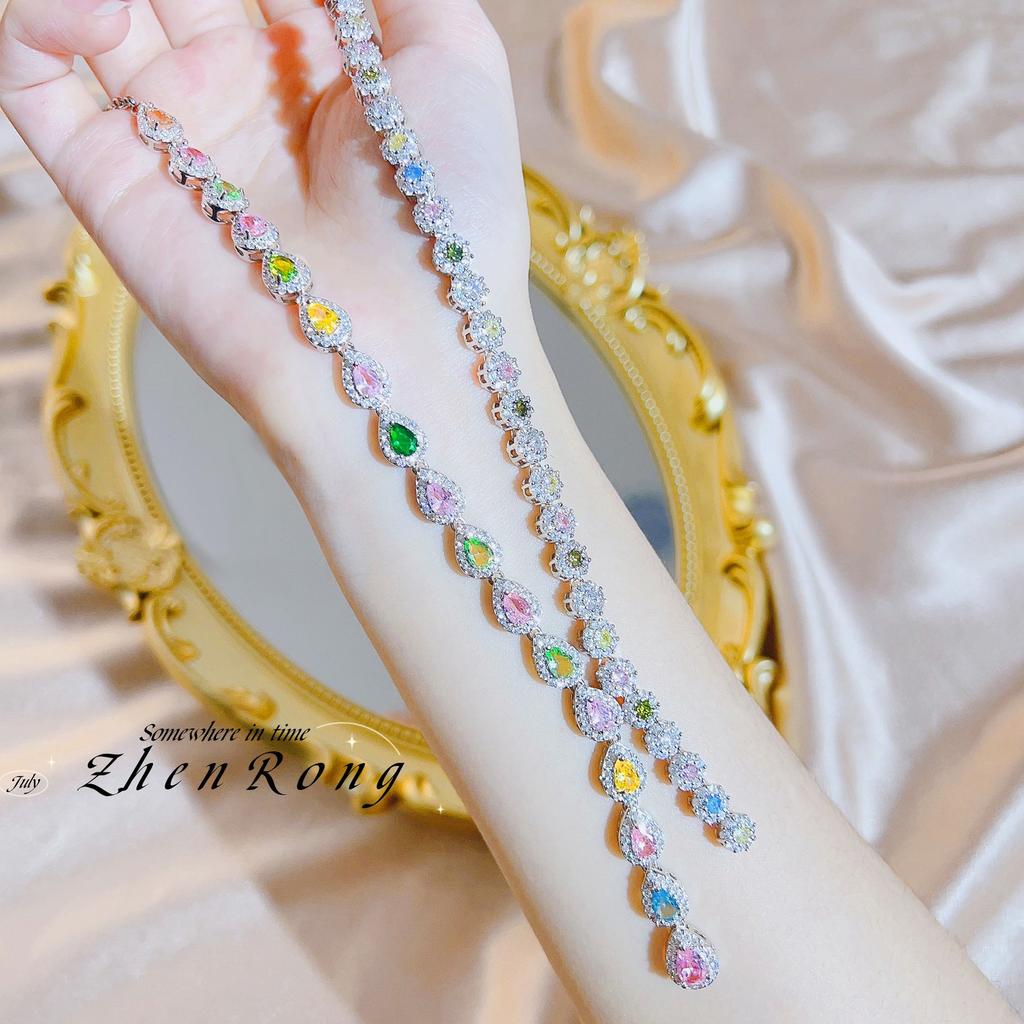 Luxuriöse Abendkleid-Accessoires Bunte Zirkon-Halskette Edles Luxus-Turmalin-Anhänger-Set Kette Buntes Süßigkeiten-Schatz-Mädchen