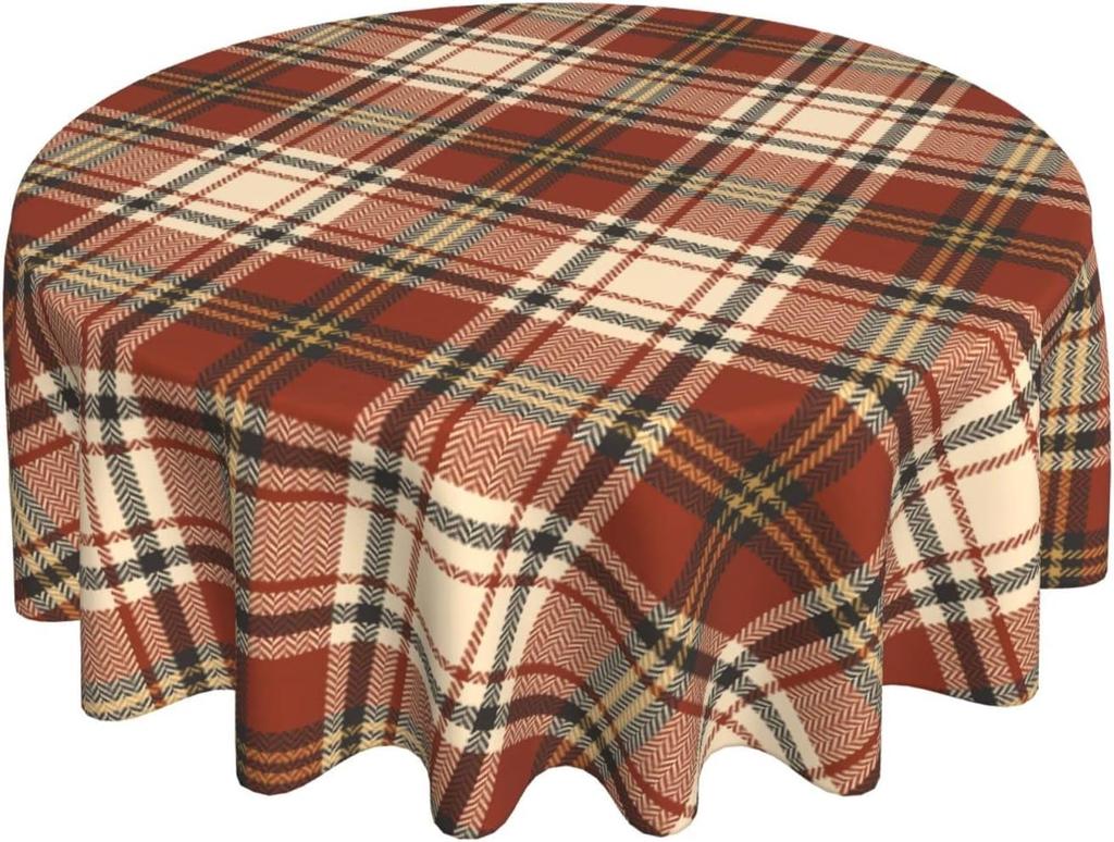 Fall Plaid Tablecloth Round 60 Inch Autumn Dark Colored Check Print Thanksgiving Decor Table Cloth with Wrinkle Resistant Decor