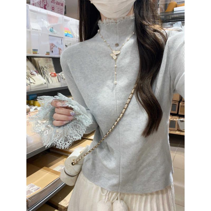 High-end elegant semi-turtleneck knitted sweater women's lace splicing top autumn and winter new flared sleeve inner bottoming shirt