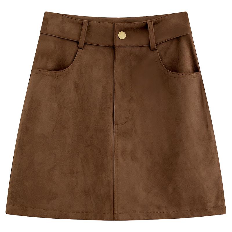 Women's Plus Size Brown Suede Hip-Hugging Short Skirt - Retro Designer Style for Spring and Autumn