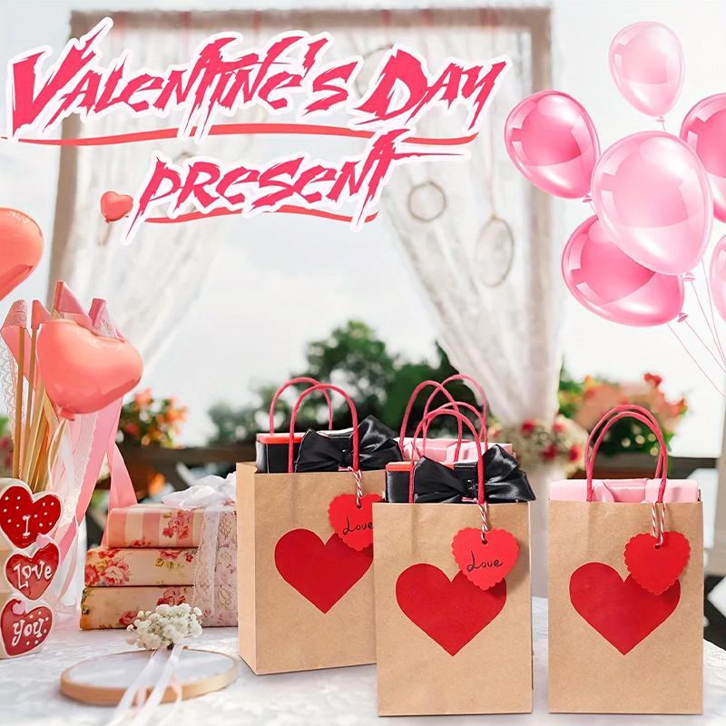 10Pcs/Set Shopping Tote Bag DIY Red Heart Anniversary Party Decor Gift Packing Bags Wedding with Tag Kraft Paper Valentine's Day