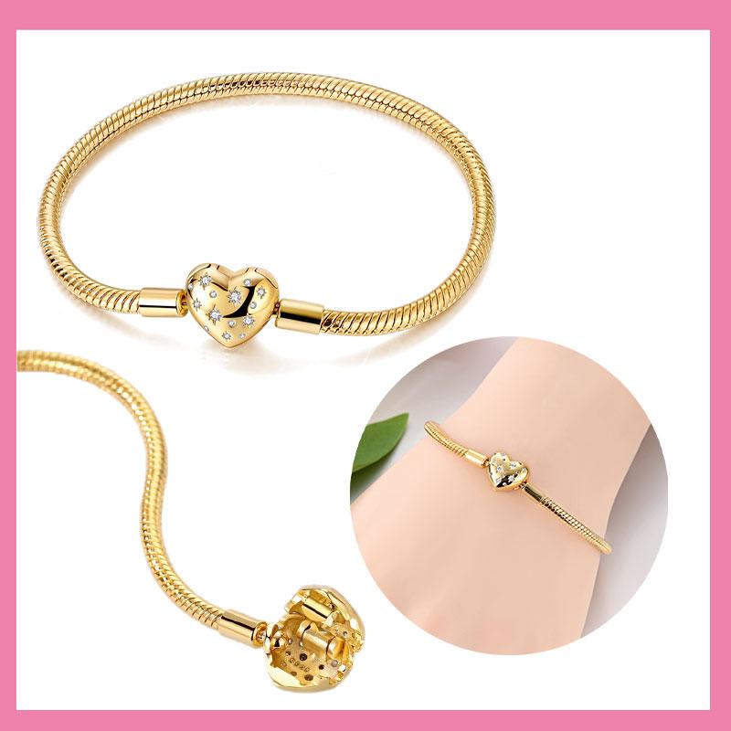 % Copper Metal Authentic Original Golden Shining Heart Snake Chain Charming Bracelet High Quality Fine Jewelry Fien High Quality Fine Jewelry