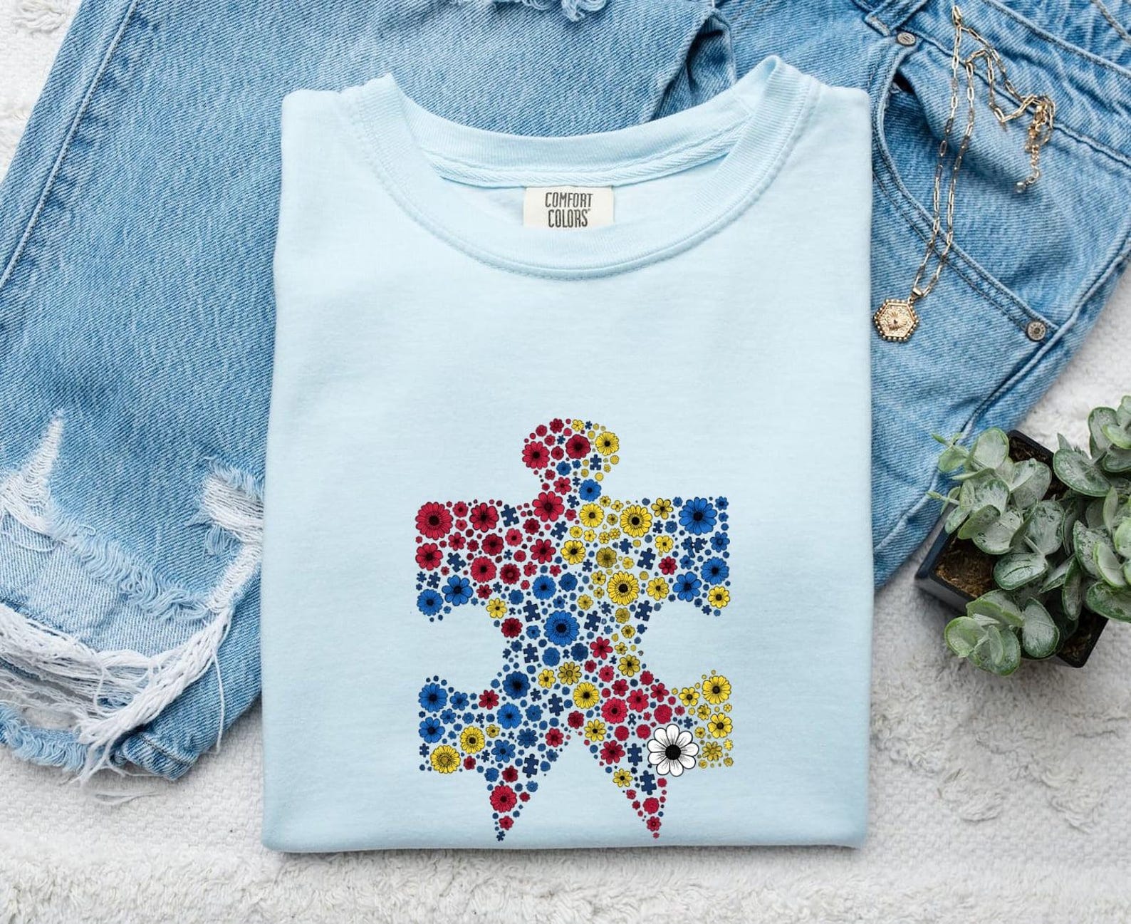 Puzzle Piece Floral Shirt Boho Chic Floral Gift Women Boho Tee Jigsaw T-Shirt Bohemian Fan Hippie Tshirt Floral Graphic Hand Drawn Daisy S