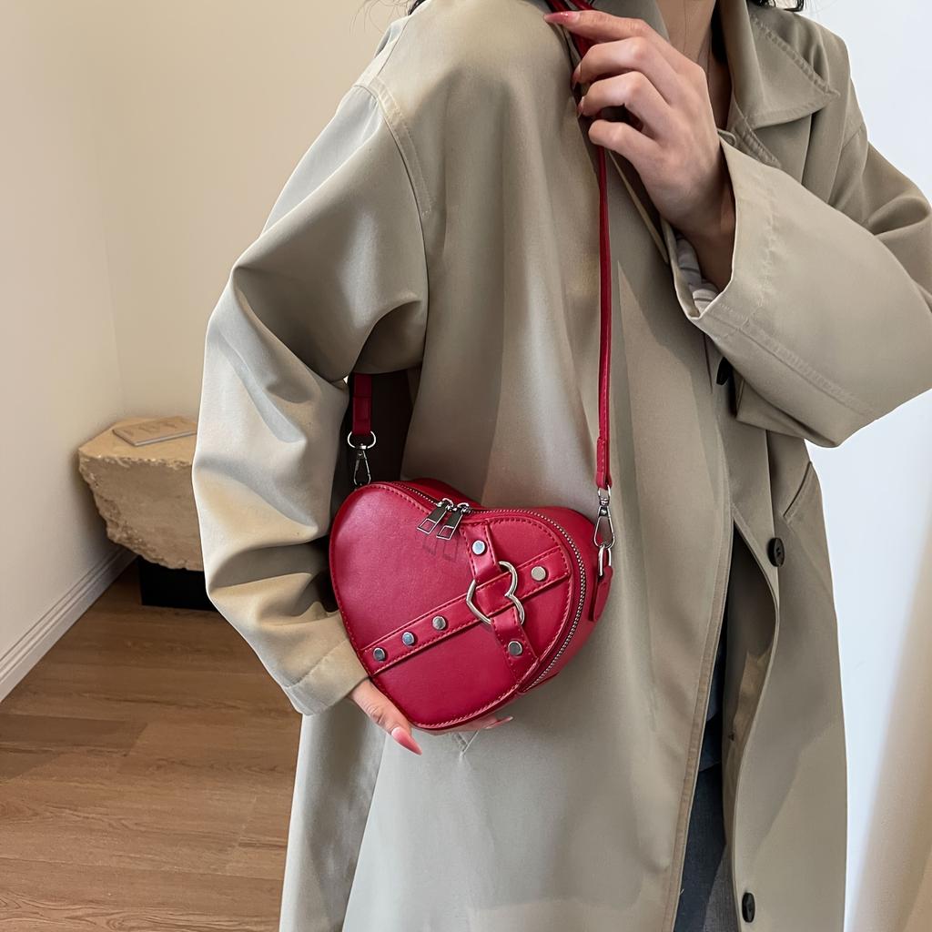 Heart-shaped Diagonal Shoulder Bag Valentine's Day Romantic Theme Ladies Fashion Heart-shaped Shoulder Bag Zipper Solid Color