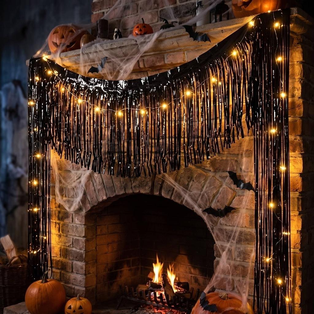Black Plastic Rain Curtain with Lights, Halloween Party Door Curtain, Horror Themed Wall Decor with Streamers