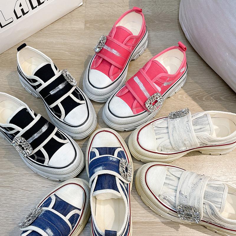 

Internet celebrity platform canvas shoes women 2025 spring and summer new rhinestone Velcro fried street sports dad shoes 35 чёрный