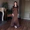 Elegant Long Sleeve Wrap Waist A-Line Maxi Dress With Floral Print Satin Fabric 2026