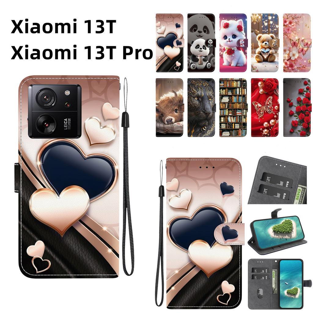 Handgefertigte PU-Leder-Flip-Hülle für Xiaomi 13T / 13T Pro Rutschfeste, stoßfeste Hülle mit Handschlaufe und Herz-/Rosen-/Katzen-Designs