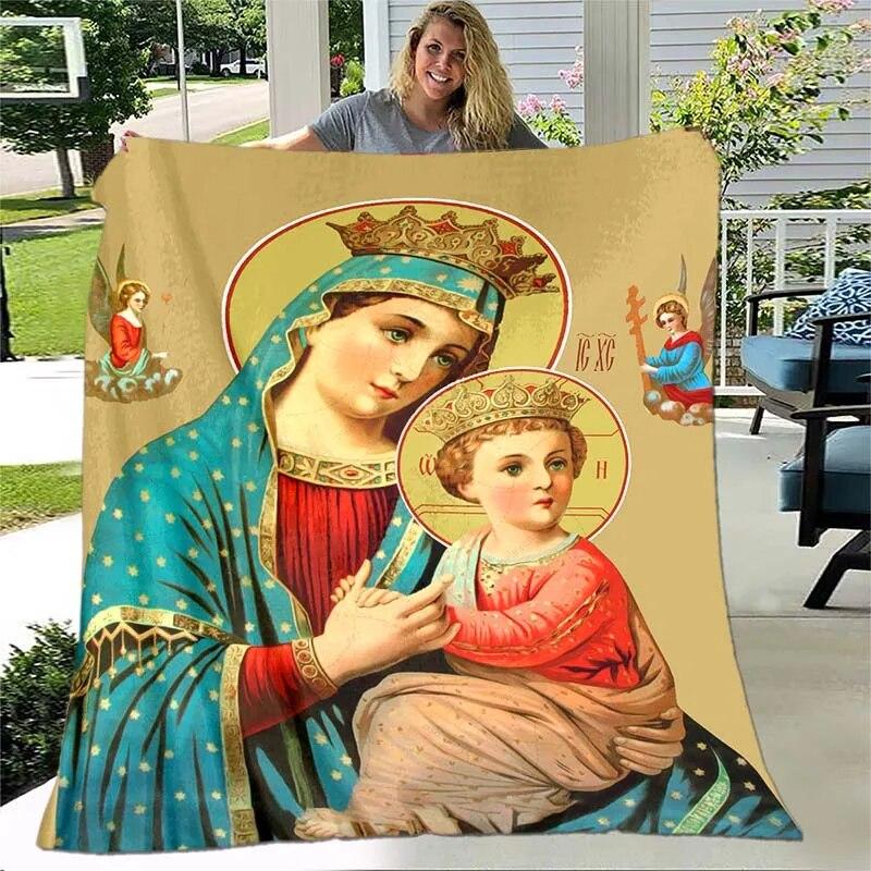 Jesus Jungfrau Maria Prayer Blanket- Lightweight Flannel Throw for Sofa ,Digital Printed Blanket with Soft & Worm Flannel Fabric