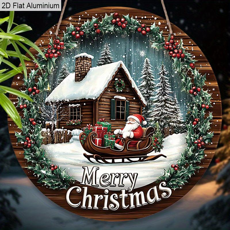 Panneau Joyeux Noël Plat en Aluminium 2D avec Motif Père Noël & Maison - Ornements Figurines Hivernales Chaudes - Idéal pour Porte d'Entrée, Mur, Porche, Fenêtre