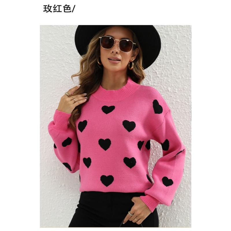 Women S Western Style Pullover Crew Neck Long Sleeve Knit Sweater With Heart Print