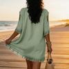 Women's Casual V Neck Shoulder Cutout Short Sleeve Loose Fit Mid Length Dress with Fringe Hem and Sleeve Details for Everyday Wear