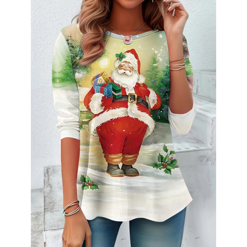 Christmas Ugly Santa Claus O-Neck Long Sleeve T-Shirts Fashion Womens Clothing Casual Clothes Harajuku Female Clothing