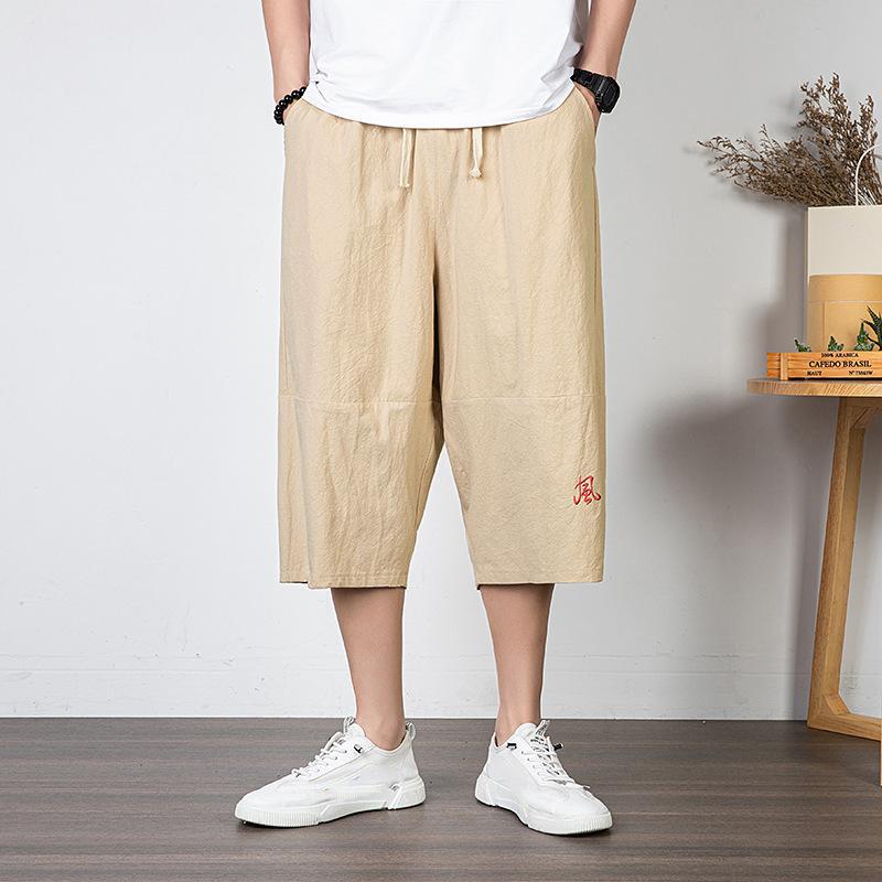 Trendy brand cropped pants men's linen shorts solid color Chinese style men's loose straight beach pants cotton and linen pants