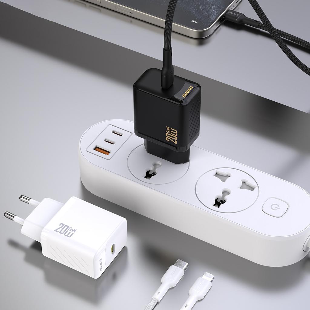 Ładowarka sieciowa USB-C z kablem USB-C - iPhone Lightning GaN PD 20W - czarna