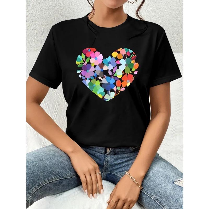 European Size 1pc Women'S Casual Round Neck Short Sleeve T-Shirt | Colorful Floral Heart Print, Perfect for Spring/Summer