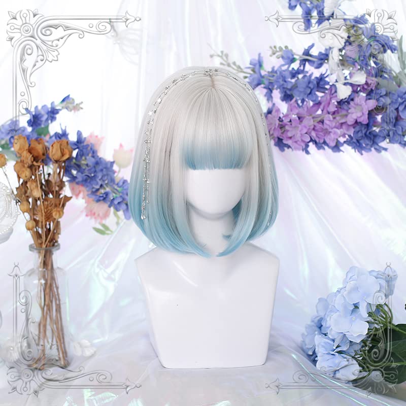 Harajuku and GAL Style Bob Lolita Wig One Gray and Blue Perfect for Mori and Yumekawaii Includes Hair Natural and Lightweight for a Slimmer Set, Curl,