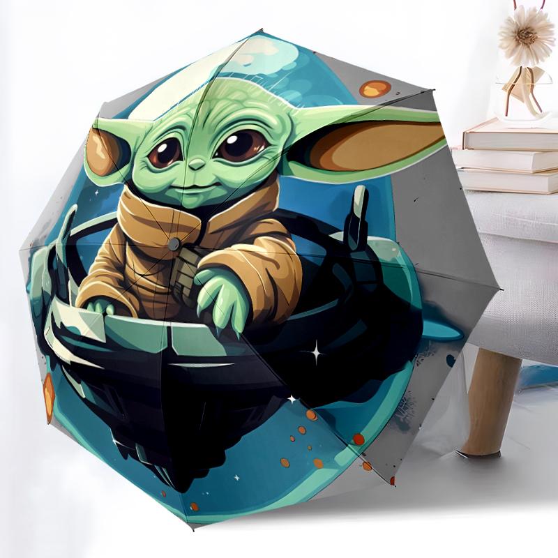 1pc Sturdy 8-Bone Auto Umbrella, Yoda Green Flower Umbrella, Digital Printed, Foldable Umbrella for On-the-Go Outdoor Use