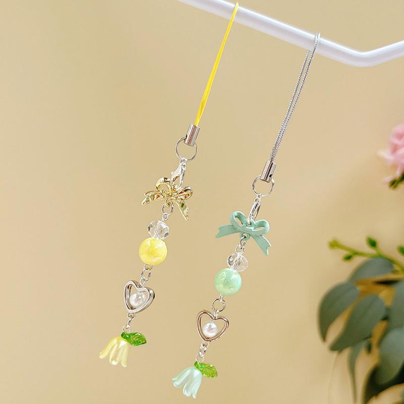 Schleife Maiglöckchen Perlen Handykette Y2K Frisch Süß Schlüsselanhänger Blume Anhänger Rucksack Taschenanhänger Hängender Schmuck Mädchen Geschenk