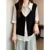 Plus size women clothing Belly Covering Fake Two Pieces Graceful Vest Shirts Female Summer Chubby Girl Slimming Shoulder Short sleeve Top