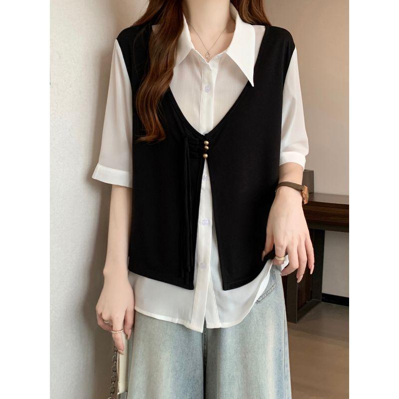 Plus size women clothing Belly Covering Fake Two Pieces Graceful Vest Shirts Female Summer Chubby Girl Slimming Shoulder Short sleeve Top