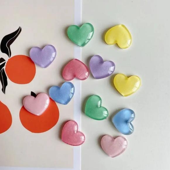 6pcs Colorful Heart Shaped Fridge Magnets Set Glitter Resin Refrigerator Stickers Cute Decor for Kitchen Whiteboard Photo Wall