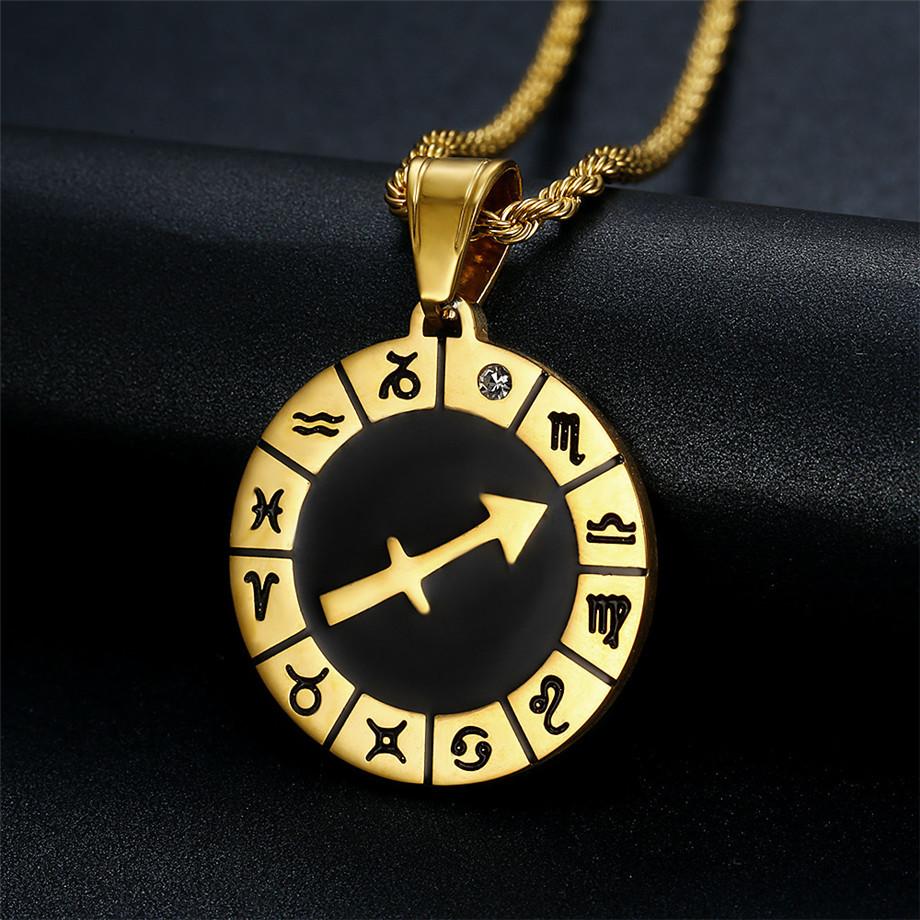 Punk Zodiac Sign Constellations Pendant Gold Color Stainless Steel Rope Chain Round Necklace For Women Men Jewelry Gift