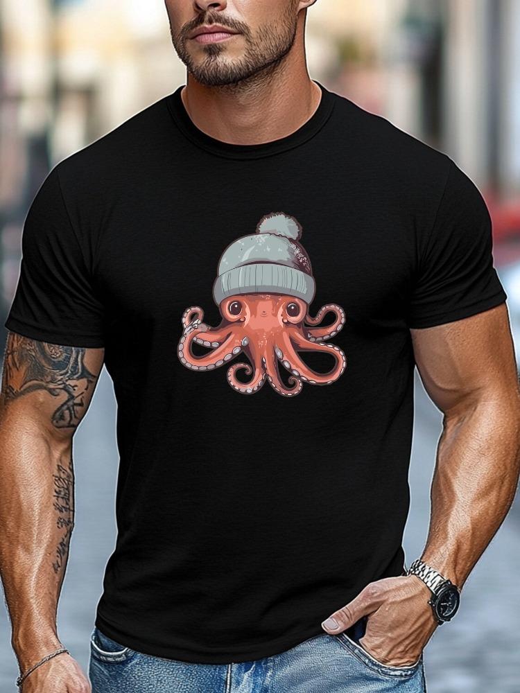 Unisex Khaki Rundhals-T-Shirt Niedriger Oktopus Mit Winter-Bommelmütze Grafik Weich Kurzarm Meeresbewohner Street Locker Herren Oberteile