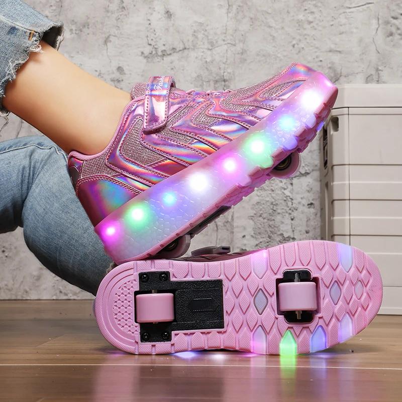Kid Wheels Shoes Roller Skate Shoes 2 Wheels Child Deform Sneakers Outdoor Sport Deformation Parkour Runaway Boy Girl Youth Gift
