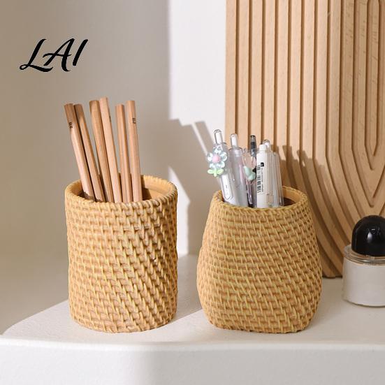 Resin Pen Holder Faux Rattan Holder Woven Style Makeup Brush Boho Desktop Organizer Multi-functional Pencil Cup for Home Office
