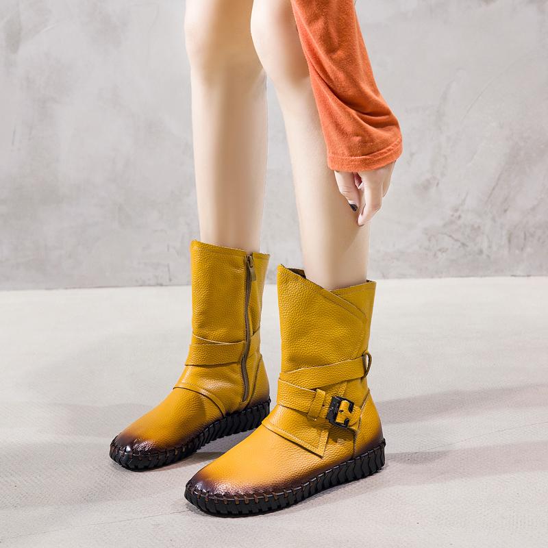 Moda GKTINOO 2025 Botas Femininas Inverno Quente Couro Feito à Mão Retro Botas Baixas Sapatos Baixos Botas de Couro Genuíno para Mulheres