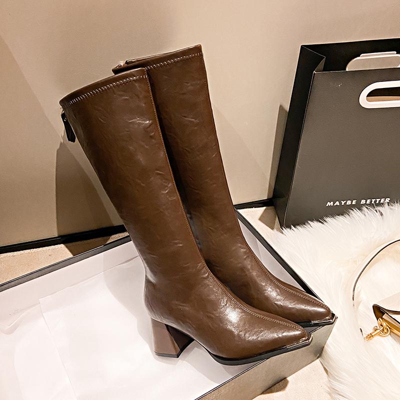 

Женские ботинки на толстом каблуке, современные, с металлическим острым носком, осенне-зимние, короткие, из короткого плюша, женские длинные ботильоны 35 коричневый