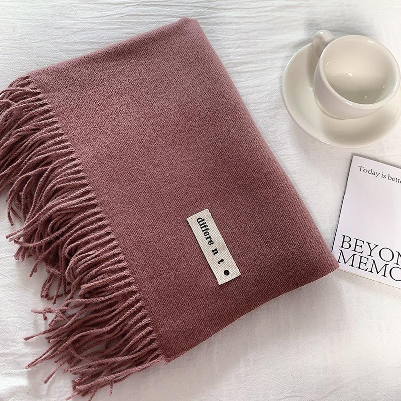 Flowing Fringe, Color-blocked, Simple Design, Faux Cashmere-like Scarf, Winter-thick, Cape-style, Student-friendly, Solid Color.