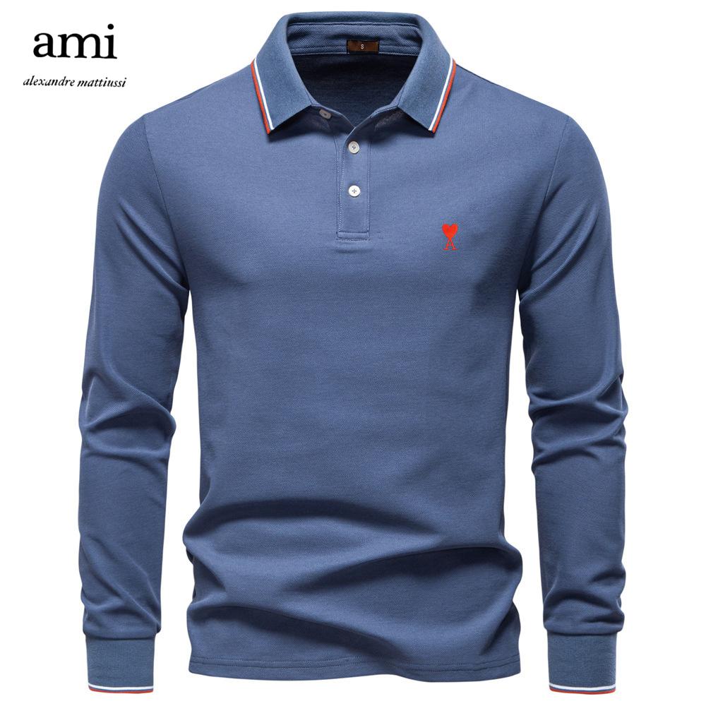 AMI 2025 Herbst Neu Stickerei Herren Langarm Poloshirt, Einfarbiges Herrenoberteil mit Reverskragen, Vielseitiges Poloshirt für Herren