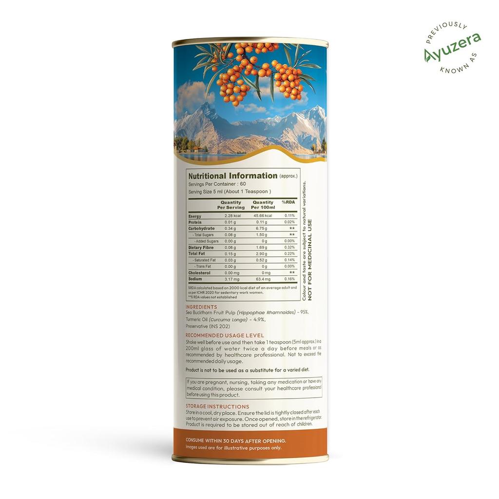 Ayuzera Olio di Olivello Spinoso con Curcuma Curcumina 300ml Integratore Liquido Naturale Himalayano per Benessere ed Energia