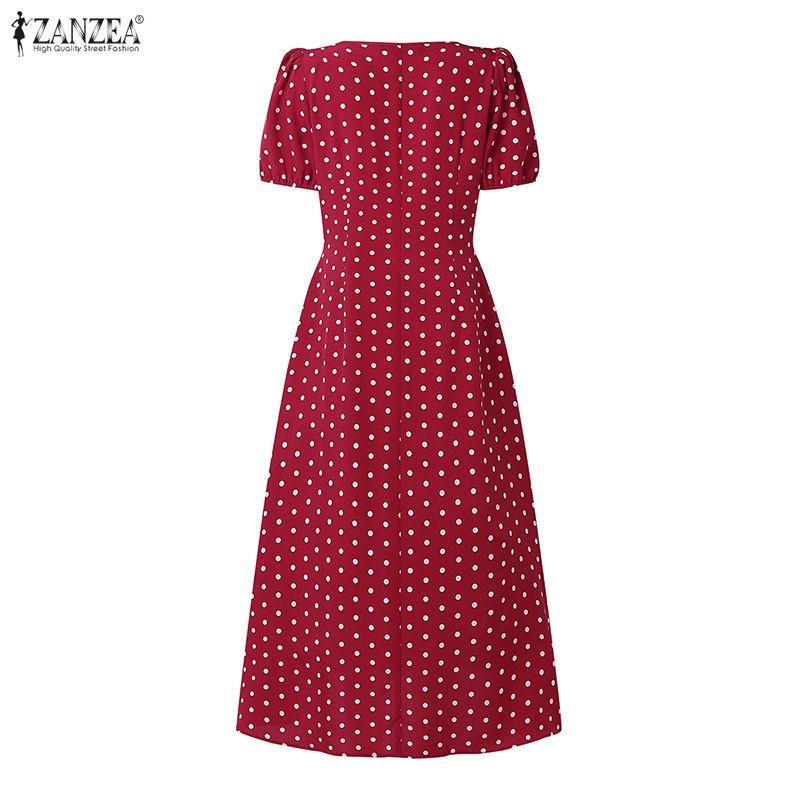 ZANZEA Women Square Collar Casual Short Sleeve Elegant Polka Dot Dress
