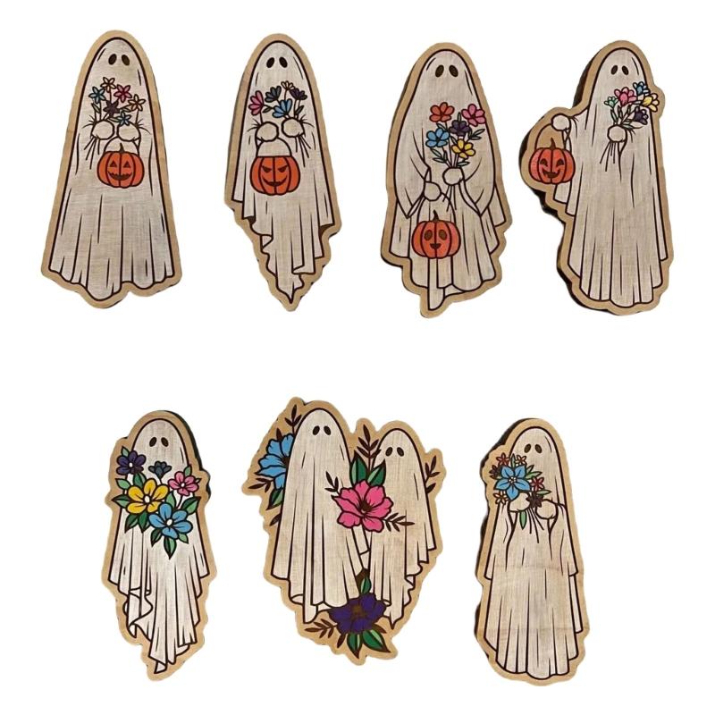 Set Of 7 Vintage Cartoon Wood Ghostly Refrigerator Magnets Halloween Kitchen Accessories for Festivals Party Ornaments