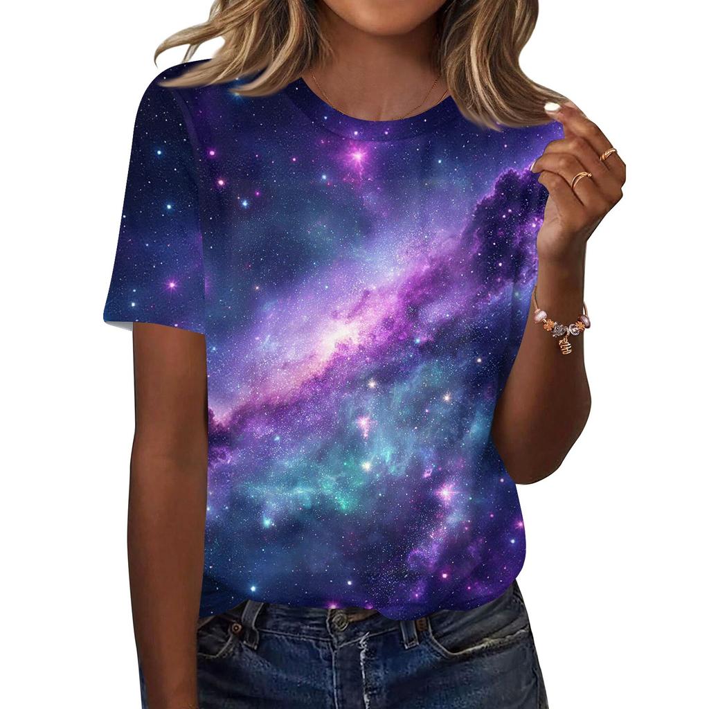 Women's Fashionable Casual Short Sleeve Print Round Neck Pullover Top