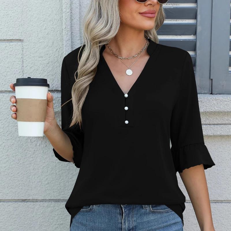 Women Notched V Neck Pearl Button Blouse Ruffle Cuff Three Quarter Sleeve Casual Top S чёрный