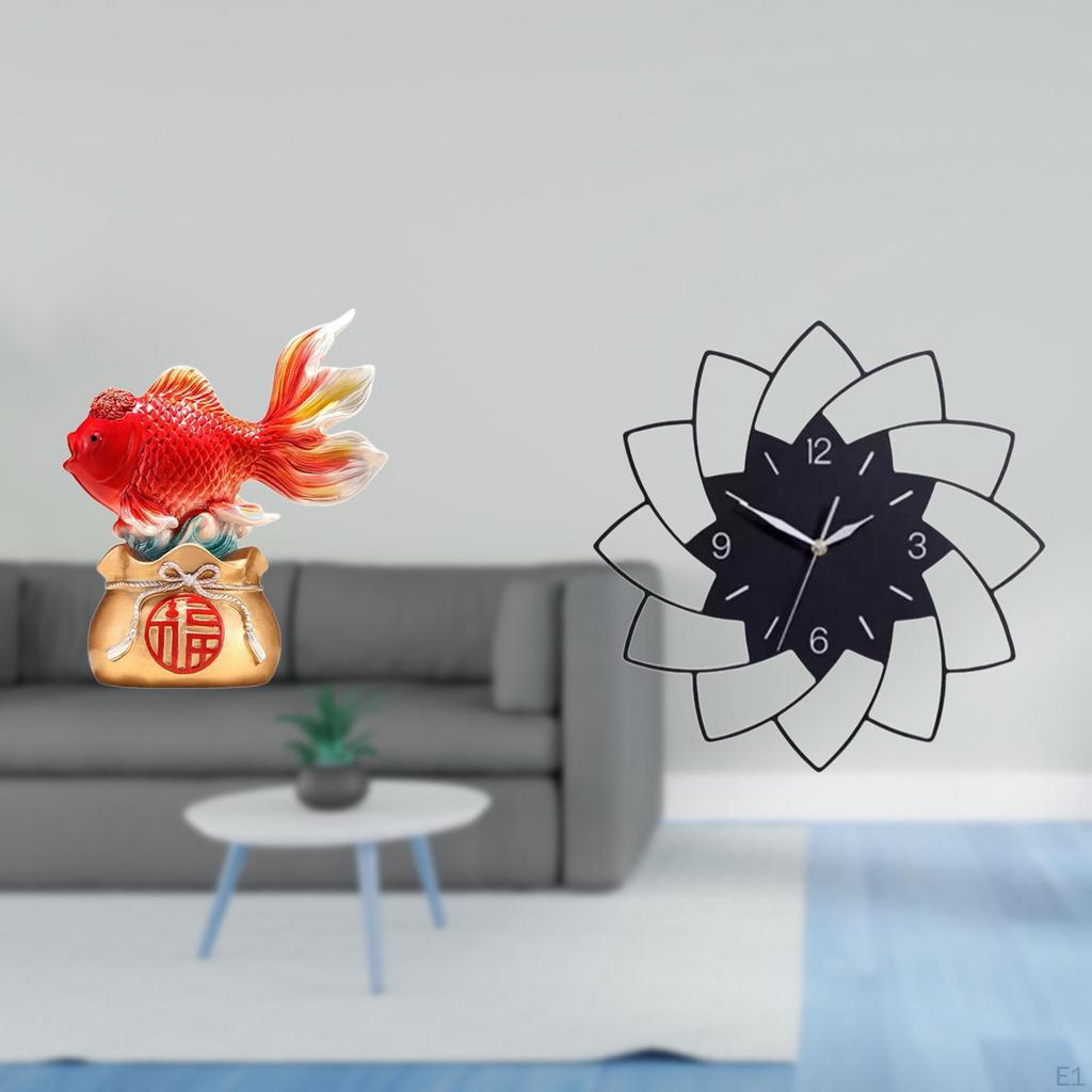 Chinese Feng Shui Koi Fish Sculpture Acrylic Flower Shaped Wall Clock Decorative Entryway Office