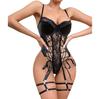 Lingerie Bodysuit With Pu Leather And Lace Trim Push Up Bra Fitted Underwear For Nightclub Bodysuits