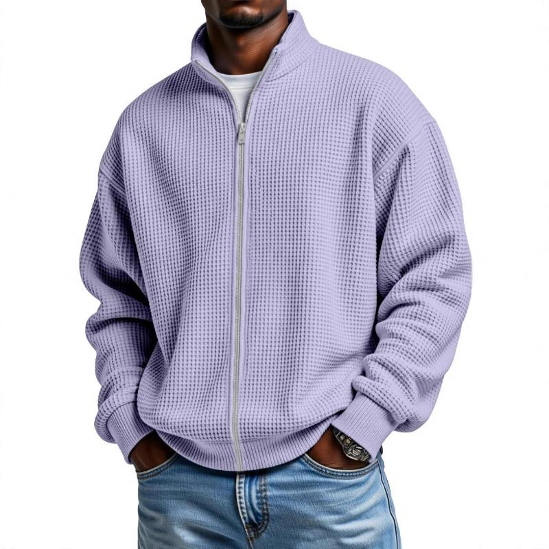 Mens Grey Waffle Knit Zip-Up Jacket Stand Collar Loose Fit Long Sleeve Casual Solid Color Top