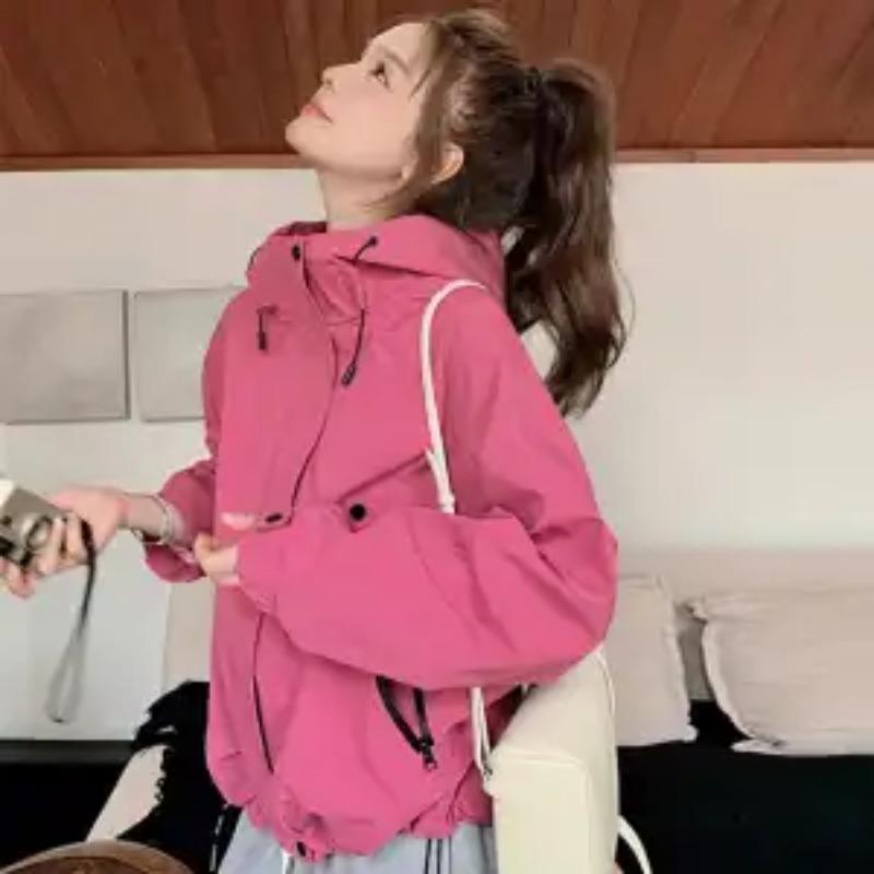 

Жіноча корейська повсякденна осіння нова вільна коротка куртка з капюшоном XXXL рожевий