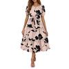 Women's Summer Floral Print Short Sleeves Neck Waistband Bohemian Flowy Maxi Dress With Pockets